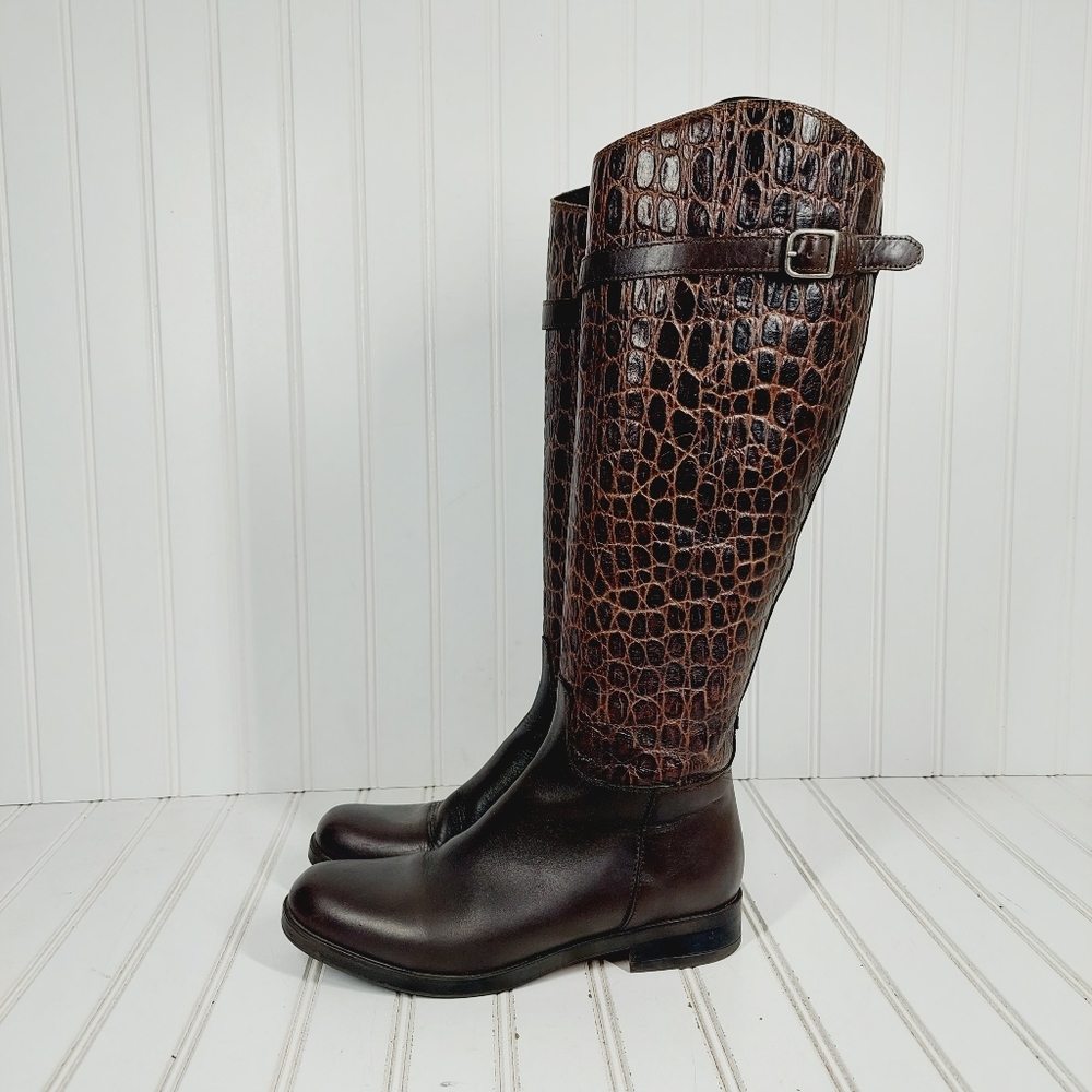 Clarks Brown Croc-Embossed Heeled Boots